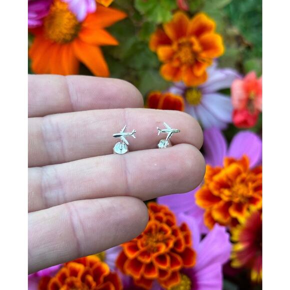 Sterling Silver Airplane Post Earrings, Sterling Silver Plane Post Earrings - Picture 1 of 5